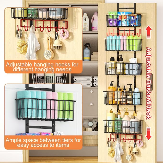 Hongtamoya Adjustable Over the Door Organizer, Metal Hanging Door Organizer with 5 Wire Basket 7 Hooks, Wall Mounted Shelf for Pantry Laundry Organization and Storage, Black - Image 8