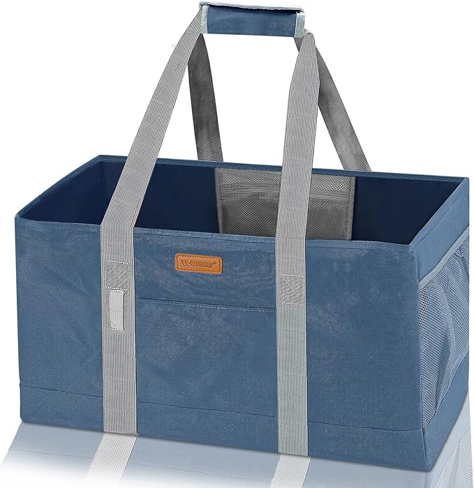 WONDAY DarkBlue Foldable Utility Tote Bag, Reusable Grocery Bag | 22x11x13in, holds 50lbs, 600D Oxford fabric with PP board bottom, folds flat, side panels only, not self-standing by WONDAY