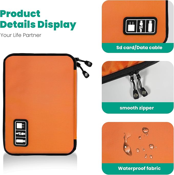Cord Organizer Travel, Electronics Organizer Tech Pouch - Portable Cable Organizer Bag for Cords, Charger, Phone, SD Card, Power Bank for Travel & Daily Use -Orange Green - Image 5