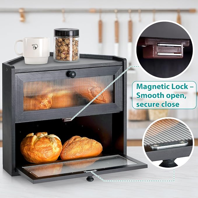 Sunhoo Bread Box for Kitchen Countertop Corner Large Wooden Bread Bin 2 Tier Rustic Food Storage Container with Acrylic Window Farmhouse Keeper Shelf Organizer for Loaves Pastries & Snacks (Black) - Image 8