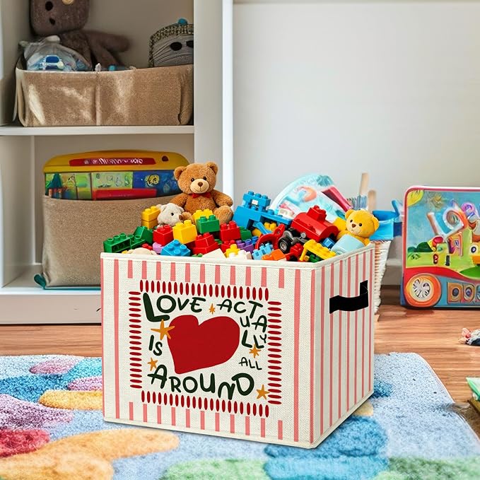 Heartwarming Comforting Star Storage Bins Box with Handles Organizer Basket | cheerful heart foldable basket for organizing, pink stripe collapsible toys clothes for nursery bedroom playroom, 10x14 in - Image 2