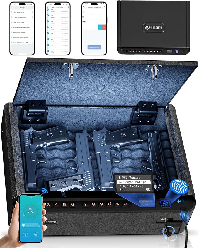 BILLCONCH Smart Gun Safe with Fingerprint, App, Keypad,LCD& Security Cable | Steel Handgun Safe with 4 Quick-Access Methods, Voice Guidance, Built-in LED Light, Ideal for Nightstand, Bedside and Home by BILLCONCHSmartGunSafes