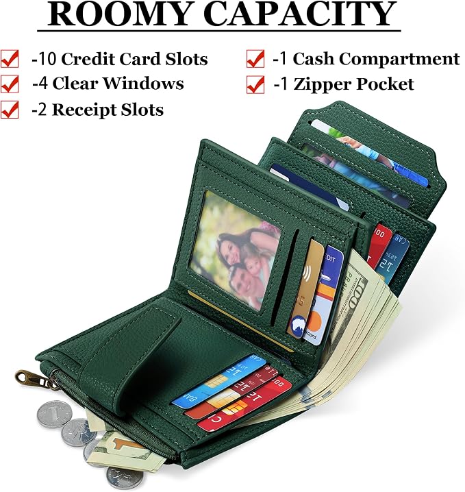 Small Wallet Women RFID Blocking Soft Leather Bifold Compact Card Holder Wallet for Women with Zipper Coin Pocket 4 ID Window - Image 2