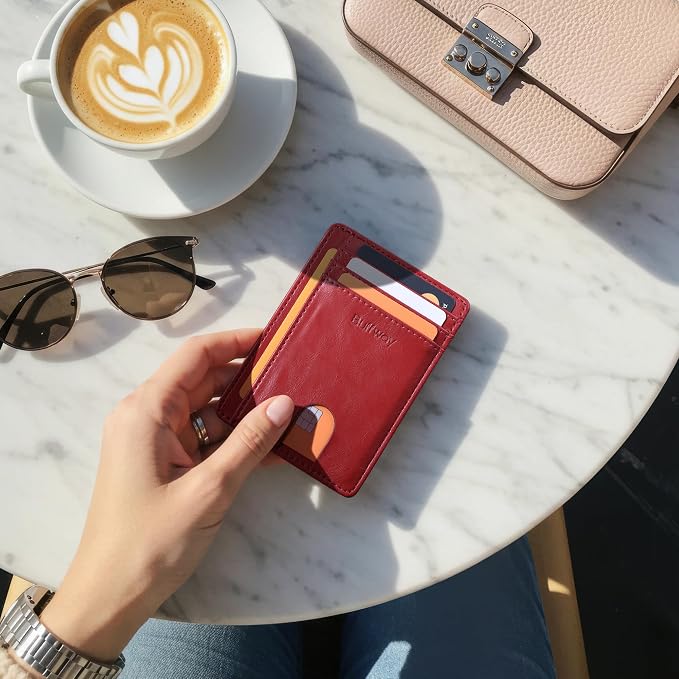 Buffway Slim Minimalist Front Pocket RFID Blocking Leather Wallets for Men and Women - Alaska Cherry - Image 7