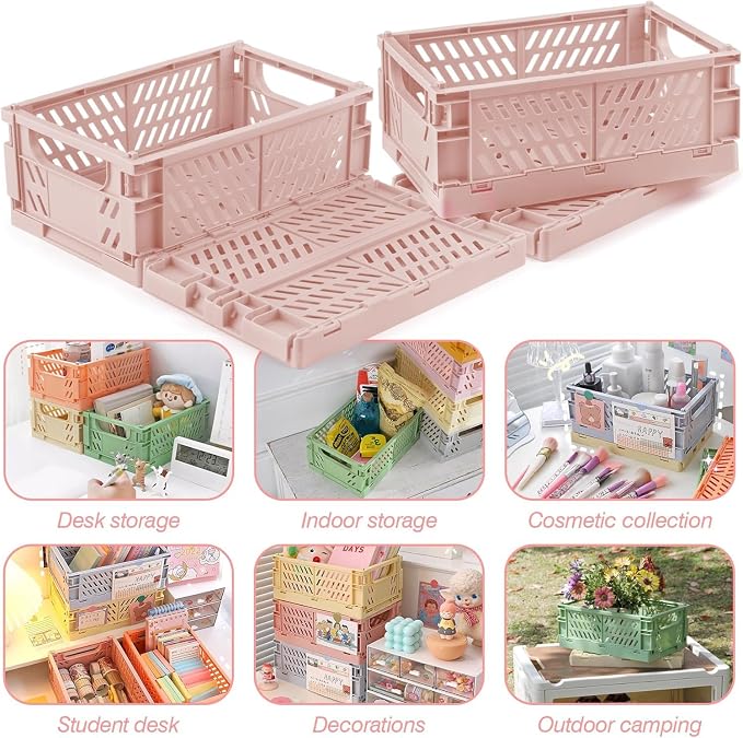 4 Pcs Collapsible Storage Crates, 10x5.9x4 inches Space-Saving Folding Containers, Stackable Plastic Boxes for Home Kitchen Office Bedroom Bathroom, Pink - Image 6