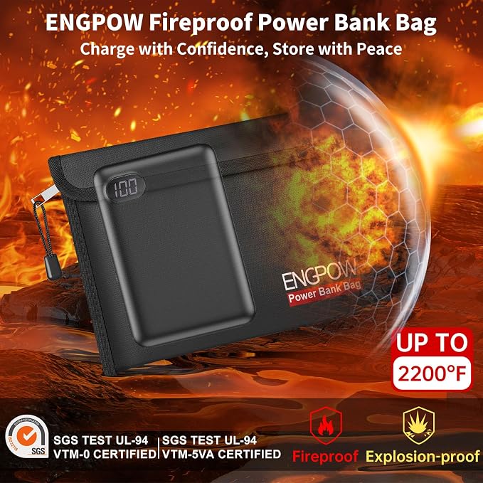 ENGPOW Fireproof Organizer Travel Safe Bag, Portable Electronic Carry Case | Heat Insulated＆Explosion-Proof, Home Travel Storage for Power Bank,Phone,Cables,USB Drive,Charging Protection, 2 Pack, Black - Image 2