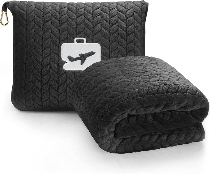 EverSnug Travel Blanket & Pillow 68x42 - Premium Ultra-Soft Microfleece 2 in 1 Compact & Packable Flight Blanket with Soft Bag Pillowcase, Hand Luggage Sleeve and Backpack Clip (Black) by EverSnug