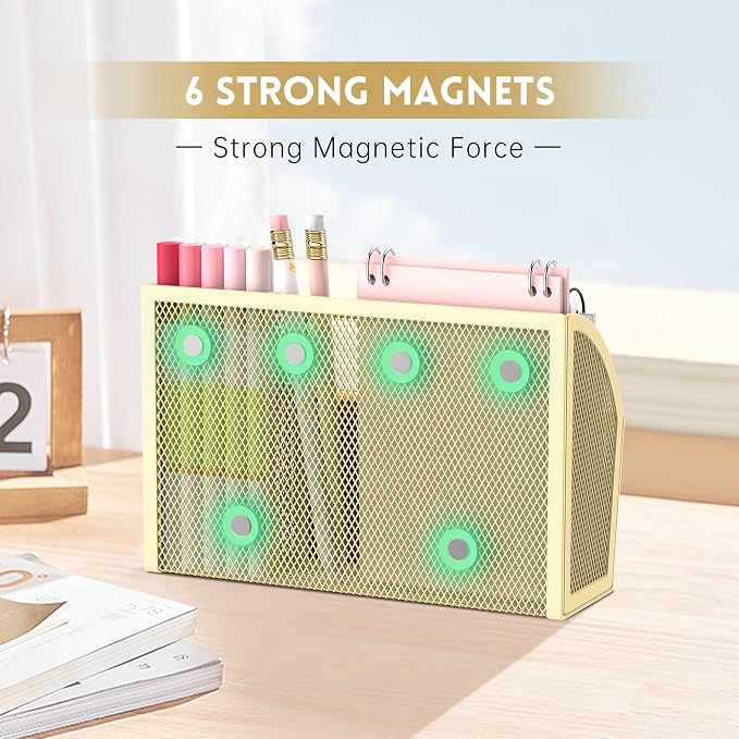 3-Grid Magnetic Pencil Holder, Strong Magnet Locker Organizer, Yellow | Mesh Magnetic Shelf, Marker Holder Perfect for Whiteboard, Refrigerator and Locker Accessories - Image 3