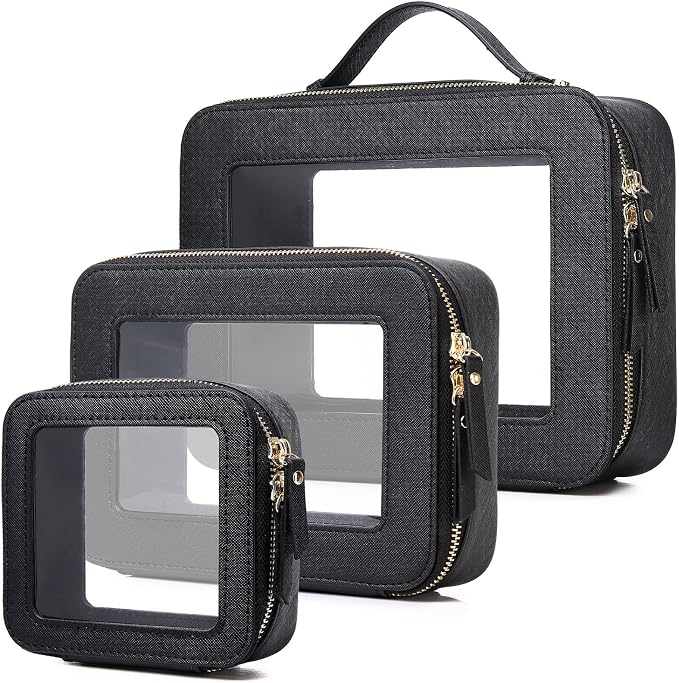 Pinkmik Clear Makeup Bag, (Black, L+M+MINI) | Waterproof, Travel Case for Cosmetics and Toiletries, Women's Purse Organizer, Clear Car Bag with Zipper by Pinkmik