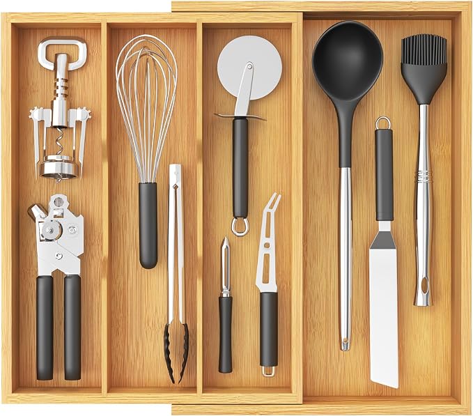 Lifewit Bamboo Utensil Organizer for Kitchen Drawer, Cooking Utensil Tray | Expandable Cutlery Silverware Flatware Holder, Wood Adjustable Spatula Tools Storage Divider, 11.9-21.7 x 15.75", Natural by Lifewit