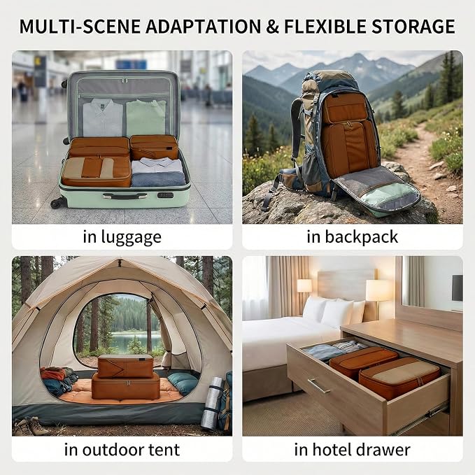 4 Piece Compression Packing Cubes for 3–7 Day Travel, Space Saving Travel Organizers with Breathable Mesh, Double-Zipper Packing Cubes for Carry-On & Suitcases (Brown) - Image 5