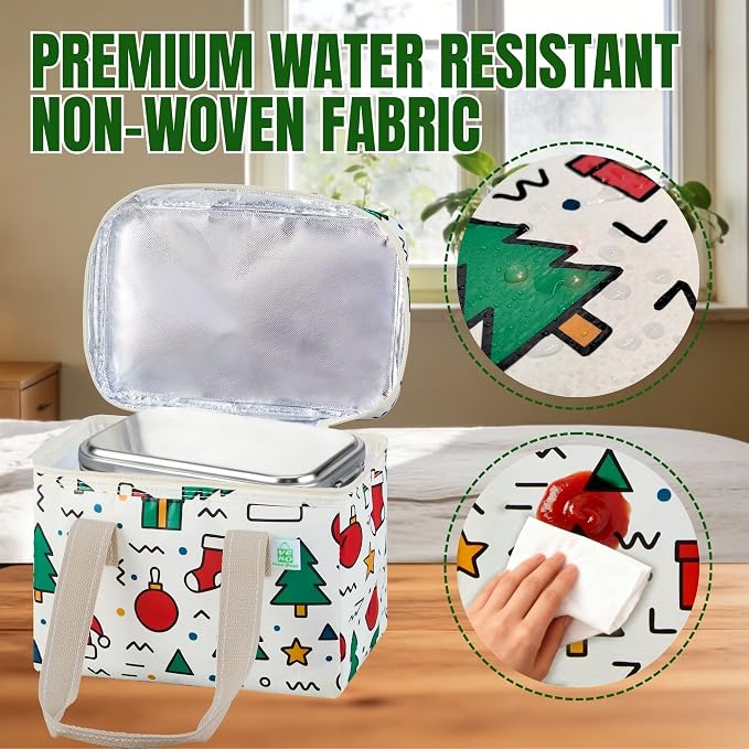 VENO 2 Pack Small Cooler Insulated Lunch Bag Reusable Grocery Shopping Bag | Collapsible Lunch Box Tote for Women Men w/ Handles, Dual Zippers, 9L Capacity for Work Office Picnic Beach (Jingle Mix) - Image 3