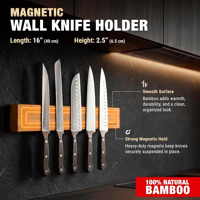 Magnetic Knife Holder for Wall, 16 Inch Bamboo Knife Strip, Wooden Knife Rack with Strong Magnets, Wall Mounted Kitchen Utensil Organizer & Storage Bar - Image 2