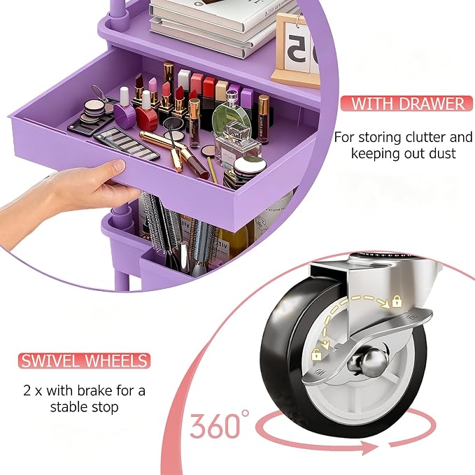 REBECAT 3 Tier Rolling Cart with Drawer, Utility Storage Cart on Wheels for Kitchen, Bathroom, Living Room,Office(Purple) - Image 4