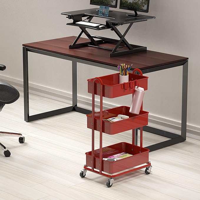 Simple Houseware 3-Tier Heavy Duty Metal Utility Rolling Cart, Red - Image 2