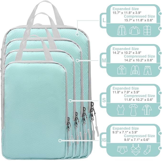 WOOMADA Compression Packing Cubes for Suitcases Travel Essentials 4 Set Expandable Travel Bags Organizer for Luggage(turquoise) - Image 4