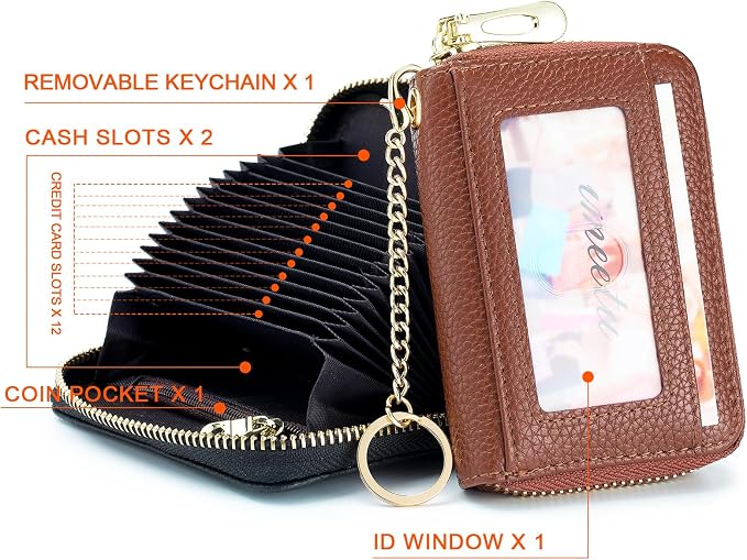 imeetu RFID Credit Card Holder, Small Card Wallet Women, Leather Card Case | Genuine Leather Women's Card & id Cases, Change Coin Purse with Zipper Keychain id Window, 20 Colors & 3 Styles, Daily, Gifts - Image 3