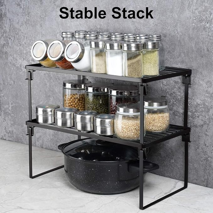 Tomorotec 2-Pack Stackable Kitchen Storage Shelf Rack Metal Cabinet Shelves | Metal Cabinet Organizer Shelf for Spices, Pantry, Cupboard Countertop, with Removable Support Legs for Easy Storage (Black) - Image 3