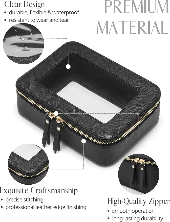 Clear Makeup Bag with Zipper, Set of 2, Mini and Medium, Black | Clear Travel Bags for Toiletries, Structured Cosmetic Case for Women, Waterproof PU Leather, Wide Open Portable Car Organier - Image 4