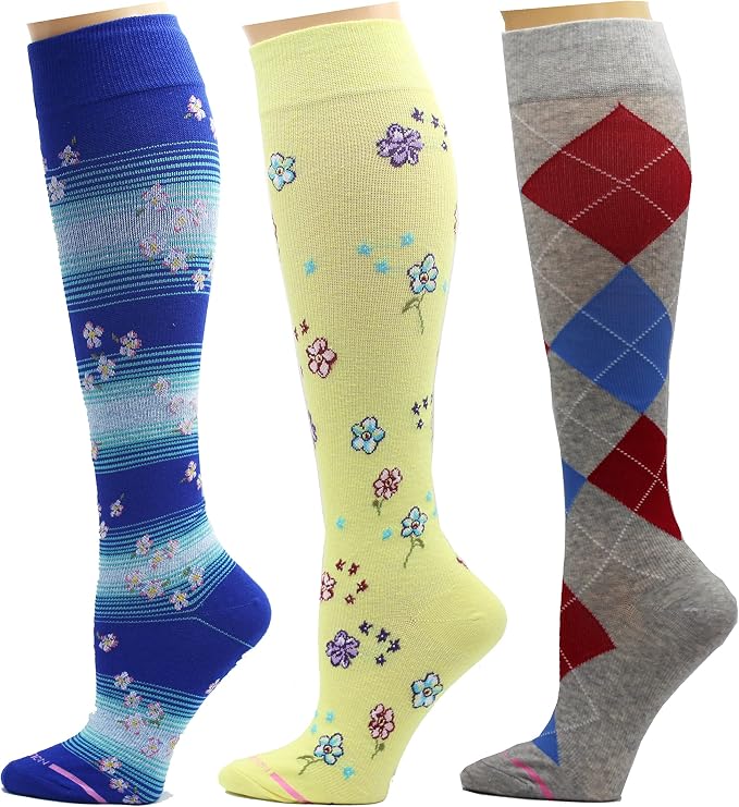 Dr. Motion 3 Pairs Light Summer Bright Fun Graduated Compression Women's Knee-Hi Socks by Dr.+Motion