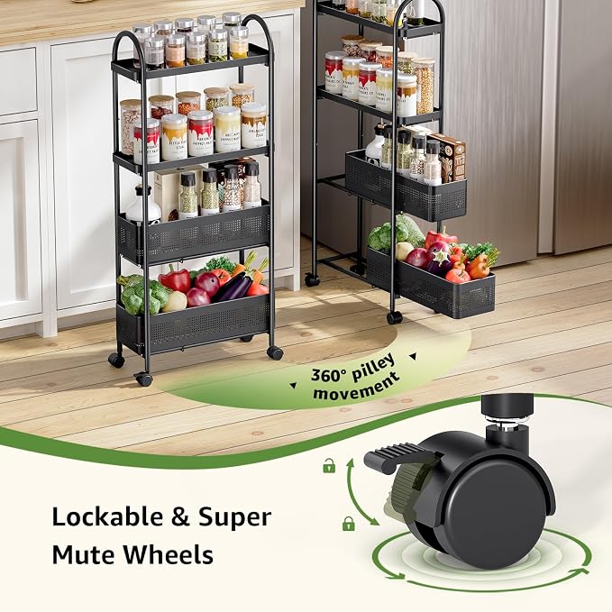 KINGRACK 4 Tier Slim Rolling Cart with Drawer, Metal Utility Storage Cart | 2 Pull-out Baskets, Lockable Wheels, Narrow Space Trolley Organizer for Bathroom, Kitchen, Office, Dorm, Laundry Room, Black - Image 5
