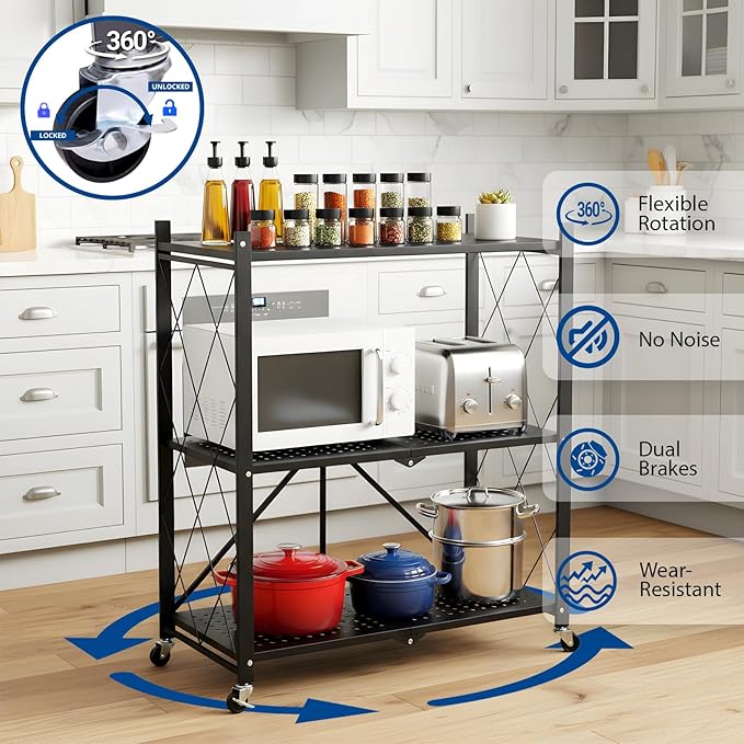 3 Tier Foldable Storage Shelves with Wheels, Metal Collapsible Organization Storage Rack, No Assembly Folding Bookshelf, Rolling Storage Rack for Kitchen, Bedroom, Pantry, Garage, Display, Black - Image 5