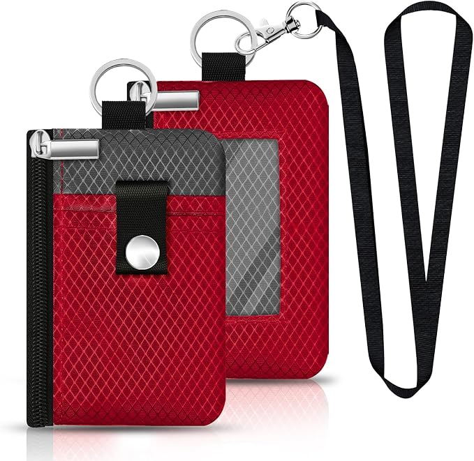 Minimalist RFID Blocking Small Wallet with ID Window,WaterResistant Zip Id Case Wallet with Lanyard Keychain for Cards,Cash,Travel,Women,Men (Red/Dark Grey) by CCUMI