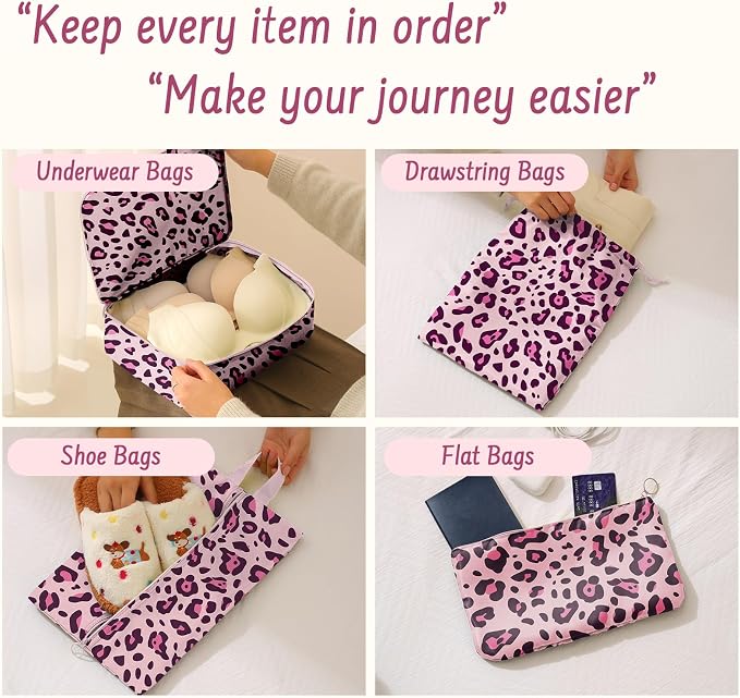 9 Set Packing Cubes for Travel Essentials - Lightweight Carry-On Luggage Organizer Bags with Shoe, Clothes & Laundry Bags for Airplane, Family & Business Travel, Purple leopard print - Image 5