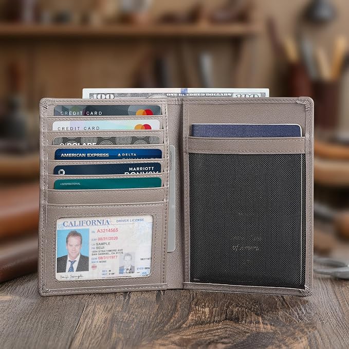 Polare Leather AirTag Passport Holder RFID Blocking Travel Bifold Wallet | Luxury Napa Cowhide Leather, AirTag Slot, Vintage Passport Cover Case, International Travel Wallet, Grey - Image 7