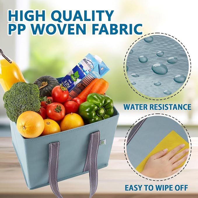 VENO 3 Pack Heavy Duty Reusable Grocery Shopping Bags Utility Tote | Water Resistant, Storage Box with Sturdy Handles & Hard Bottom, Foldable for Groceries Shopping Cart Storage(Blue, 6 Gallon) - Image 3