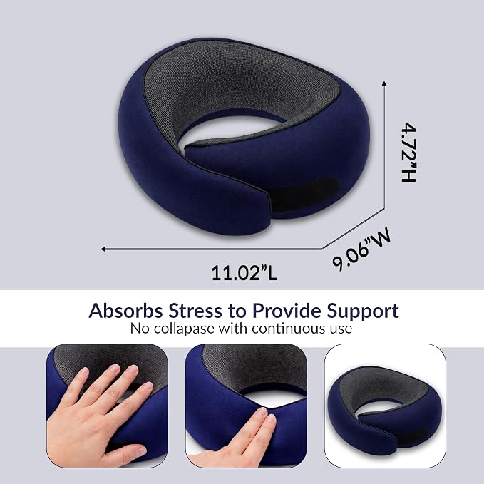 Travel Neck Pillow,Ergonomic 360° Memory Foam Support for Head, Neck. Adjustable for Long Flights. Soft &Washable Cover, EVA Box, 3D Eye Mask, Earplugs, Hair Tie & Luxury Bag (Dark Blue) - Image 8