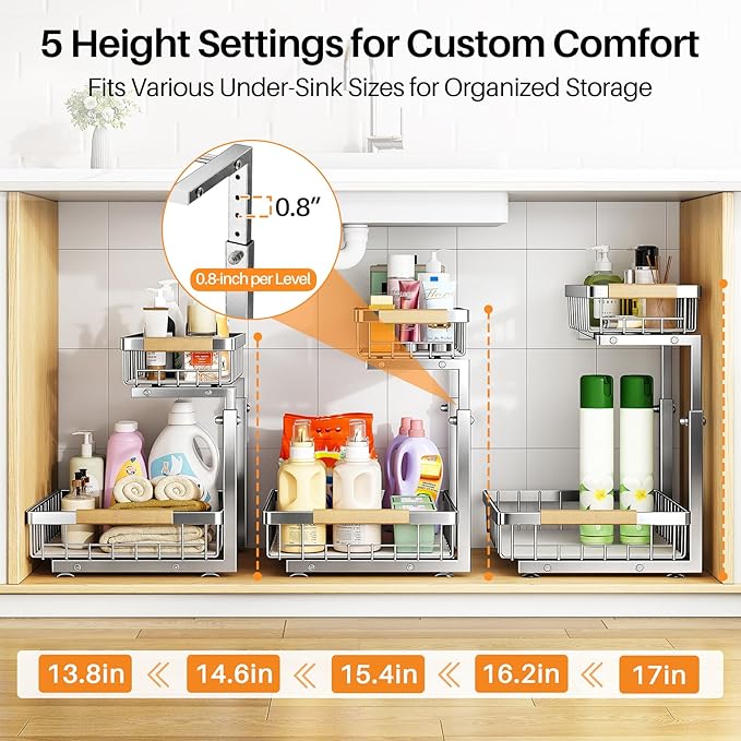PXRACK Under Sink Organizer, Adjustable Height, 2 Tier Pull Out Cabinet Organizer, Slide Out Thickened Metal Storage for Kitchen Bathroom Laundry Pantry Cabinet, Stainless Steel, Silver, Large-2-Pack - Image 5