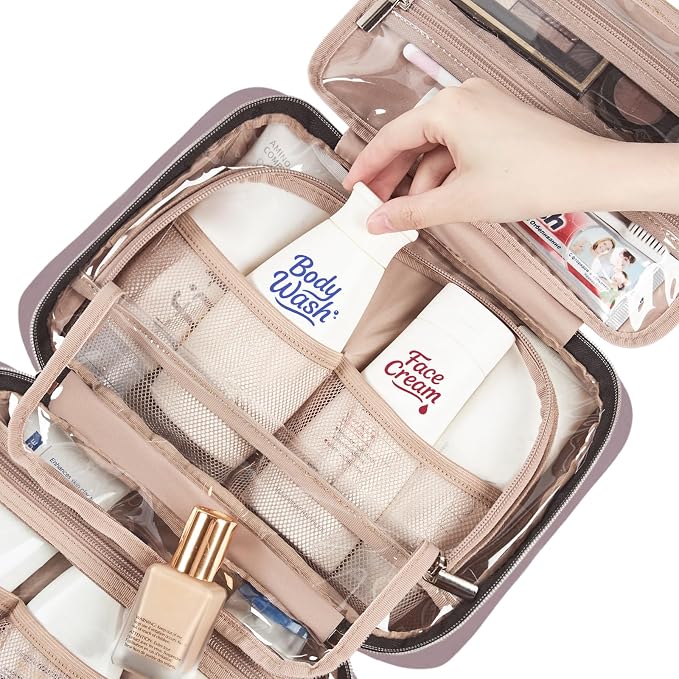 NISHEL Travel Toiletry Bag for women, Portable Hanging makeup Organizer | for Travel-Sized Shampoo, Conditioner, Brushes Set, makeup Accessories, Medium Size, Peach Pink - Image 5
