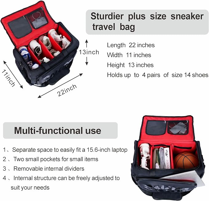 Shoe Bags for Travel Sneaker Travel Bag Shoes Duffel Bags Waterproof Gym Sports Luggage Sneakerhead Bag for Men with 3 Adjustable Dividers fit 4 Pairs Heavy Duty Travel Accessories (red) - Image 5