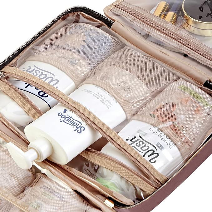 NISHEL Travel Toiletry Bag for women, Portable Hanging makeup Organizer | for Travel-Sized Shampoo, Conditioner, Brushes Set, makeup Accessories, Large Size, Rosewood-Pink - Image 6