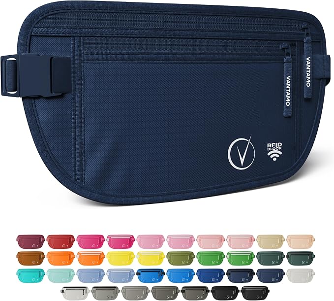 Vantamo Money Belt with RFID For Men & Women, Hidden Passport Holder for Travel, 2 Compartment Travel Fanny Pack for Women Anti Theft by Vantamo