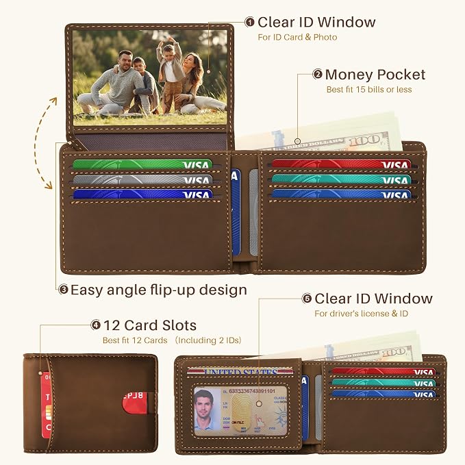 Tipmile Wallet for Men Slim RFID Blocking Credit Card Holder, Minimalist Men Wallets 12 Cards with 2 ID Windows & Cash Slot, Bifold Front Pocket Wallet Gifts for Men - Image 3
