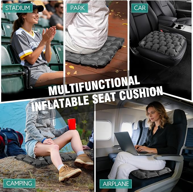 Inflatable Seat Cushion Portable Lightweight Stadium Seat Pad | Travel Air Seat Cushion for Long Flights Camping Hiking Bleacher Airplane Stadium Office (Grey) - Image 7