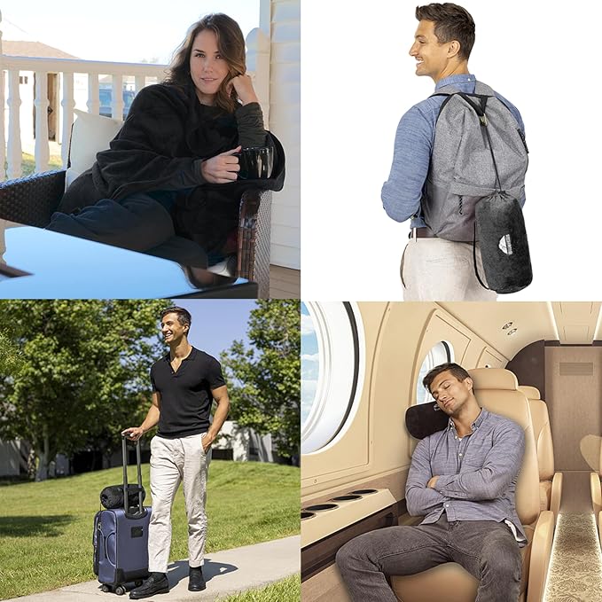 BlueHills Premium Soft Rolled Travel Blanket Pillow Airplane 2 in 1 - Black | 2 in 1 Convertible Pillow Blanket, Matching Plush Soft Case, 70 X 48 Tall Blanket, Lightweight, Luggage Strap, Carabiner Clip - Image 3