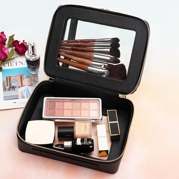 Aveniee XL Clear Makeup Organizer,Double Layer Travel Cosmetic Case with Brush Holder & Zippered Compartments,Big Toiletry Bag for Travel Accessories,2 Layers Large,Black - Image 3