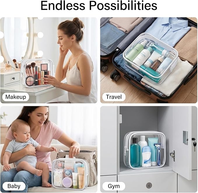 Clear Makeup Bag 4 Pack, TSA Approved Toiletry Bag for Women, Waterproof PVC Cosmetic Pouch Travel Organizer, Clear Bags for Diaper Bag Organizer Purse, Portable Zipper Pouch Set (L+M+M+S) white - Image 6