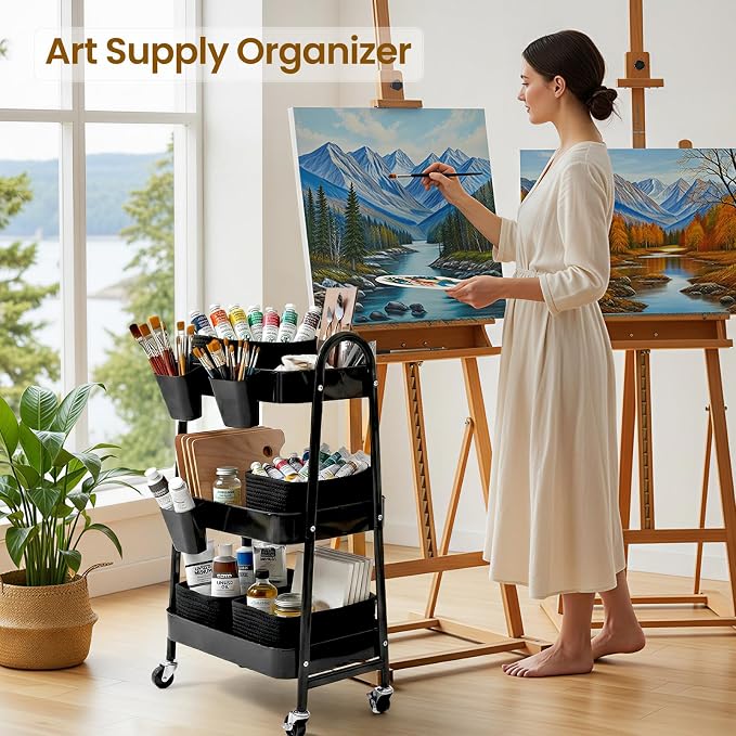 3-Tier Rolling Utility Cart with 4 Woven Baskets, Diaper Book Snack Cart, Storage Organizer for Nursery, Kitchen, Craft Room, Home SPA, Living Room, Metal Frame Trolley on Lockable Wheels, Black - Image 4