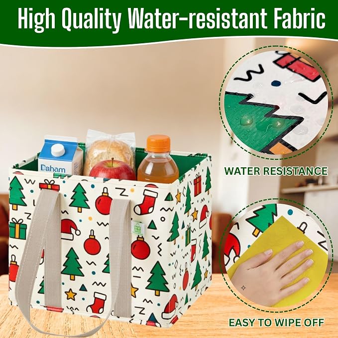 VENO 3 Pack Heavy Duty Reusable Grocery Shopping Bags Utility Tote | Water Resistant, Storage Box with Sturdy Handles & Hard Bottom, Foldable for Groceries Shopping Cart(Jingle Mix, 6 Gallon) - Image 4