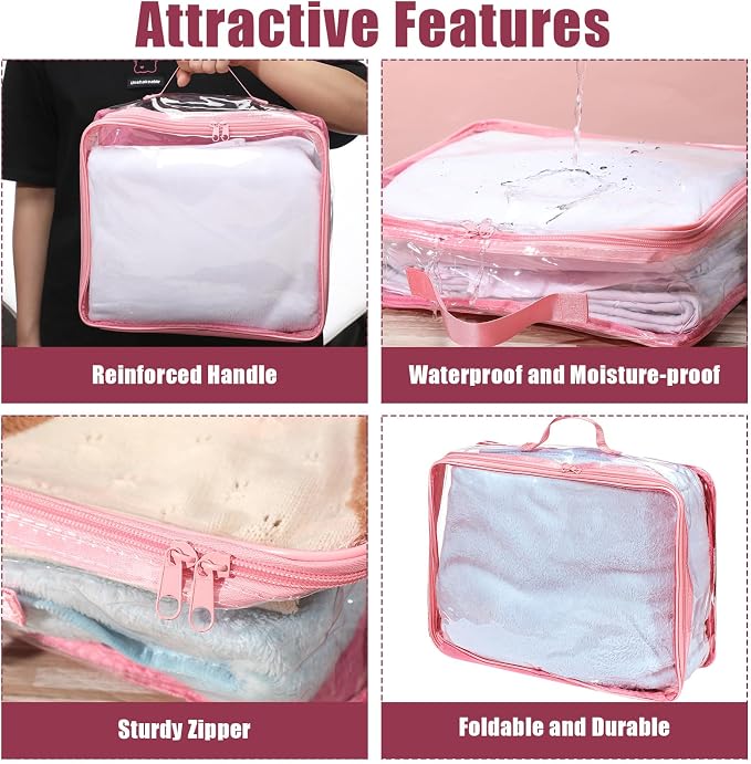 Hillban 6 Pcs Pink Large Clear Travel Packing Cube 3 Sizes See Through PVC Organizer for Suitcase Multipurpose Pouch with Handle Vinyl Zippered Storage Bags Luggage Cube Organizer - Image 3