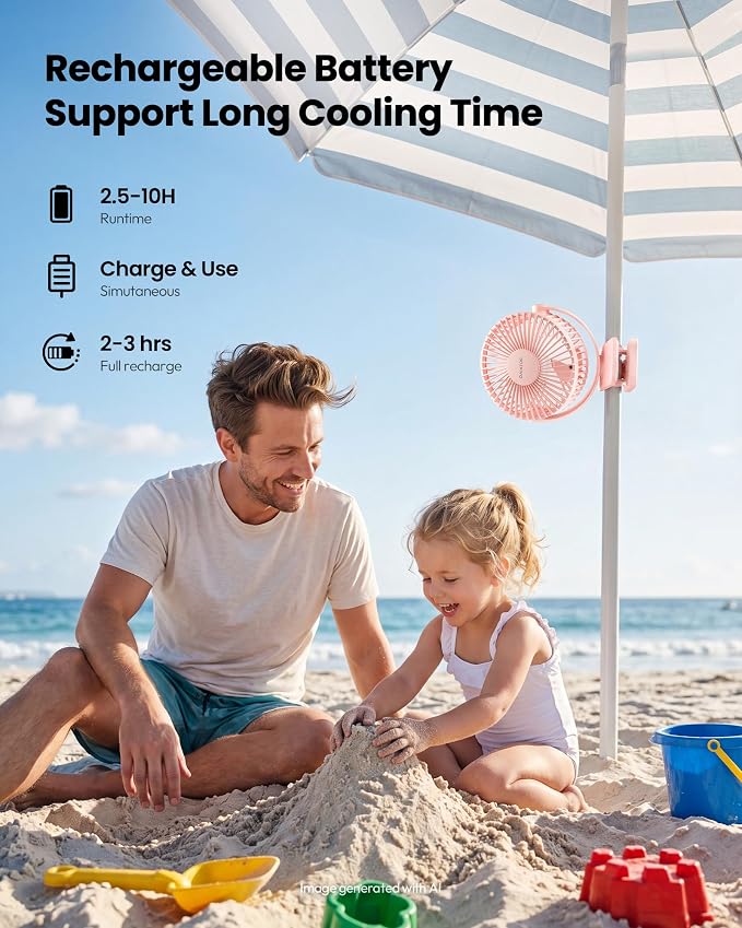 Gaiatop Portable Clip on Fan Battery Operated, Small Powerful 3 Speed Quiet 360° Rotate, USB Rechargeable Mini Personal Cooling Fan for Desk Table Home Office Stroller Camping Women Gifts Pink | Battery Operated, Small 3 Speed 360° Rotate, Cooling for ... - Image 4