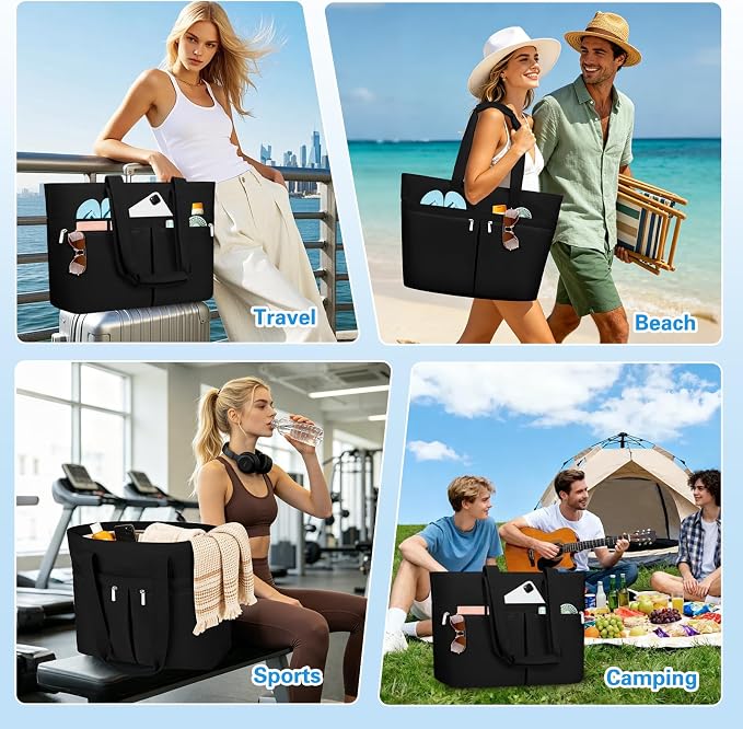 HUANLANG Large Beach Bags for Women Pool Bag with Zipper, Waterproof Sandproof Beach Tote Travel Bag with Wet Pocket - Image 8