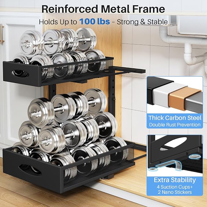 Under Sink Organizer, 2 Tier Pull Out Under Cabinet Organizer Shelf with Pad for Framed Cabinets, Metal Slide Out Under Sink Storage, Mesh Sliding Drawers for Kitchen Bathroom Laundry(Black, 1 Pack) - Image 7