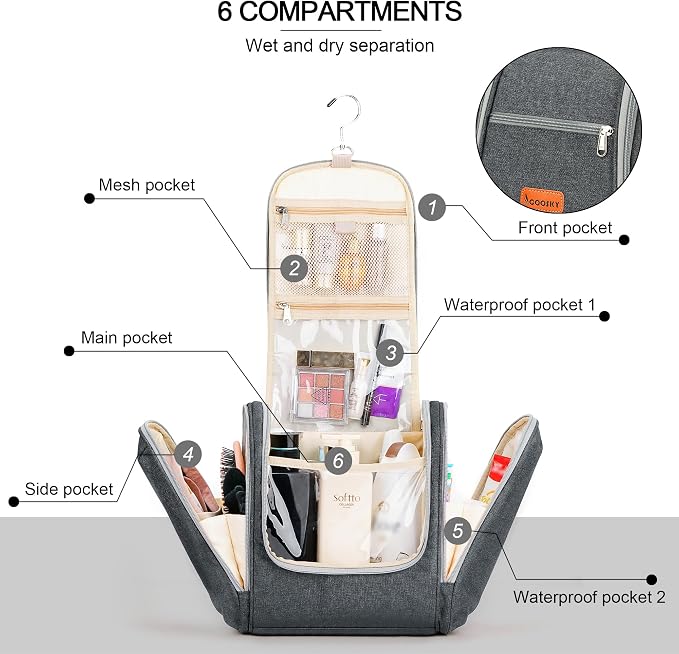 Hanging Toiletry Bag for Women & Men, Cruise Ship Travel Essentials, Holds Full Size Shampoo, with Dry and Wet Separation Cosmetic Bag, Makeup Organizer Bag, Bathroom Water-resistant Bag, Grey - Image 2