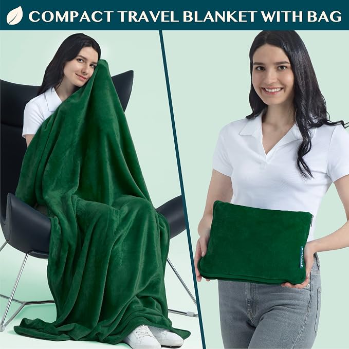 PAVILIA Travel Blanket Pillow, Soft Airplane Blanket 2-in-1 Combo Set, Plane Blanket Compact Packable, Flight Essentials Car Pillow, Travelers Gifts Accessories, Luggage Backpack Strap, 60x43 Green - Image 2