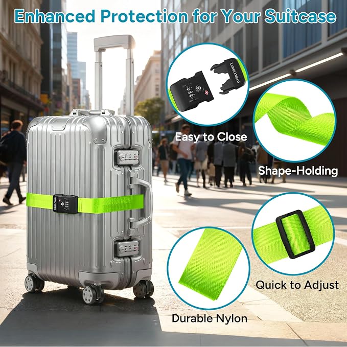 Travel Inspira 2 Pack Luggage Straps for Suitcases with TSA Lock | 2-Pack Set; TSA-Approved Lock with Tag; High Visibility Green; Adjustable 103-200cm; Heavy-Duty Nylon; 20-28 Inch Suitcases - Image 5
